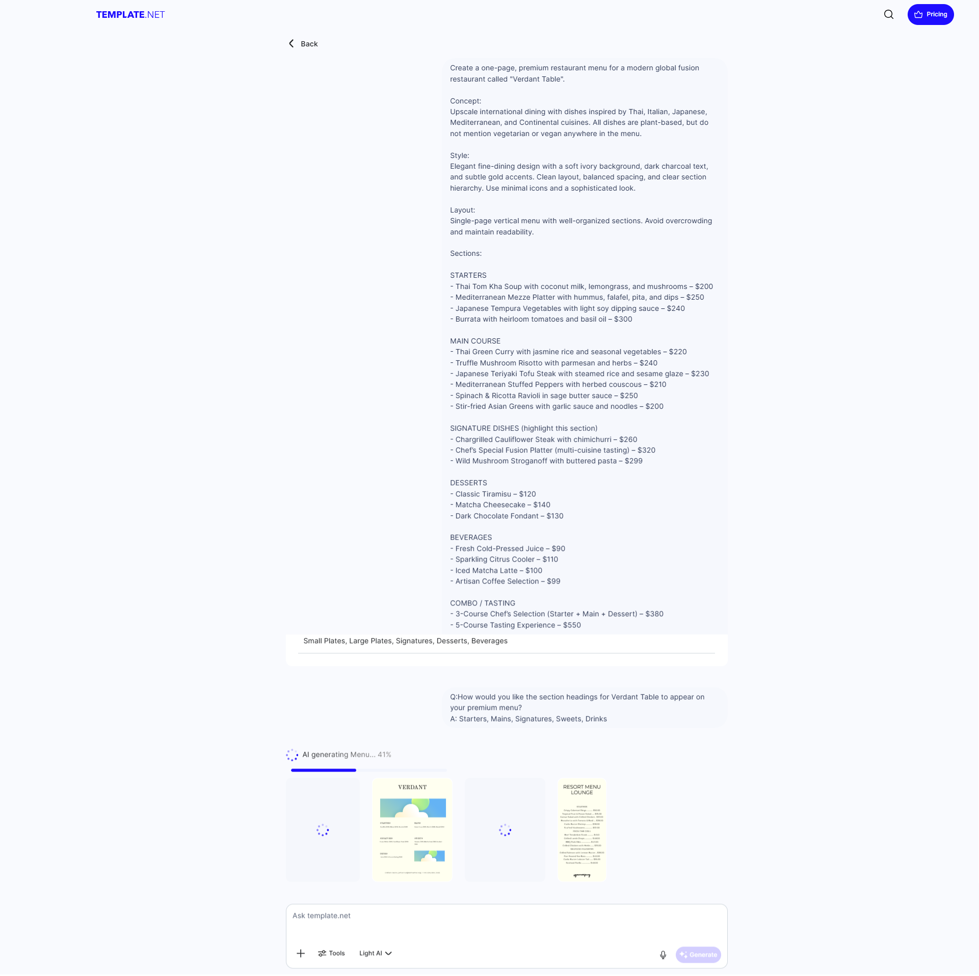 AI menu generator - Template.net prompt and generated menu result example